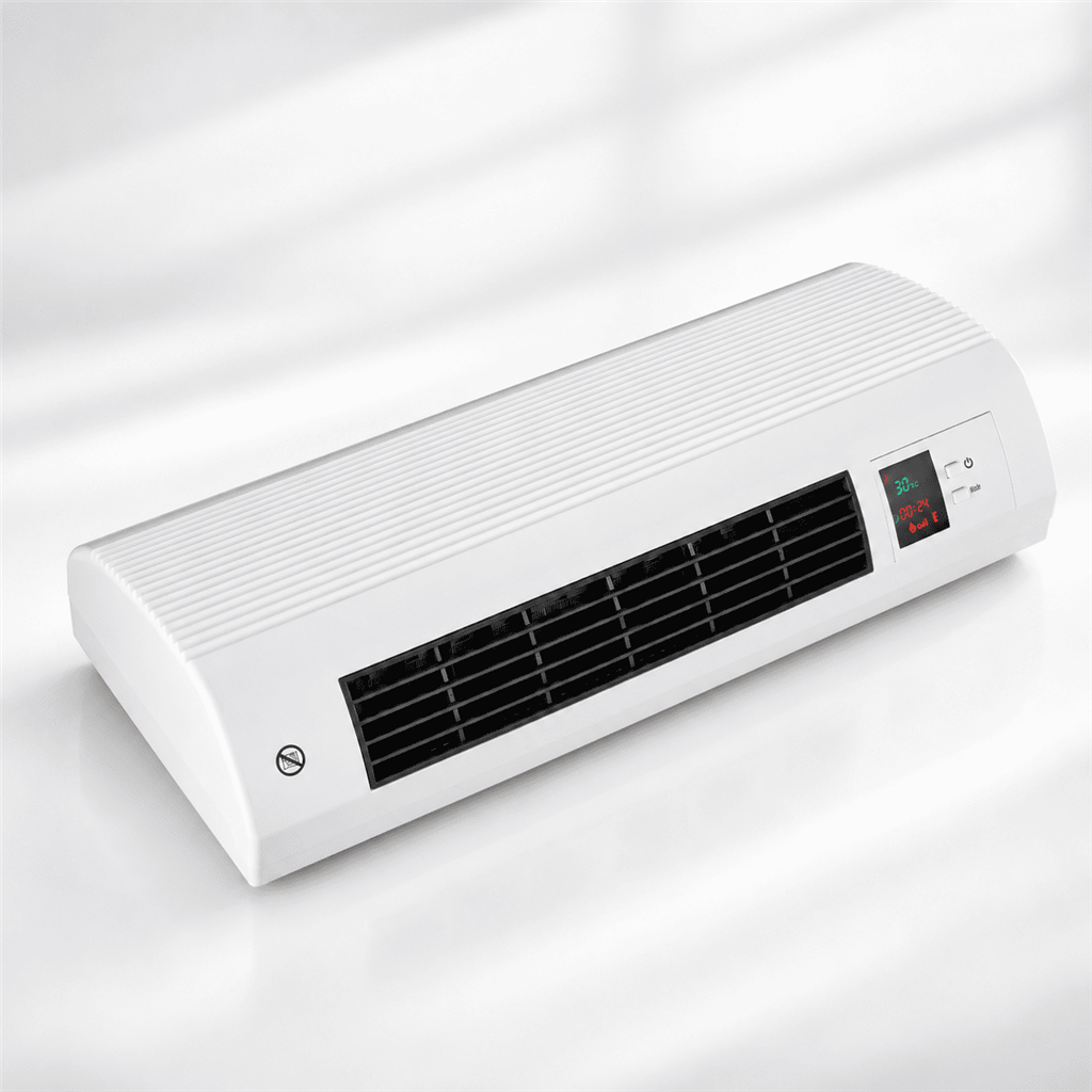 Calefactor convector de pared blanco visto en ángulo