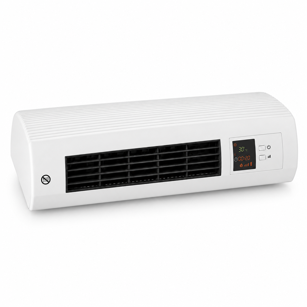 Calefactor convector blanco con pantalla digital y botones, vista frontal