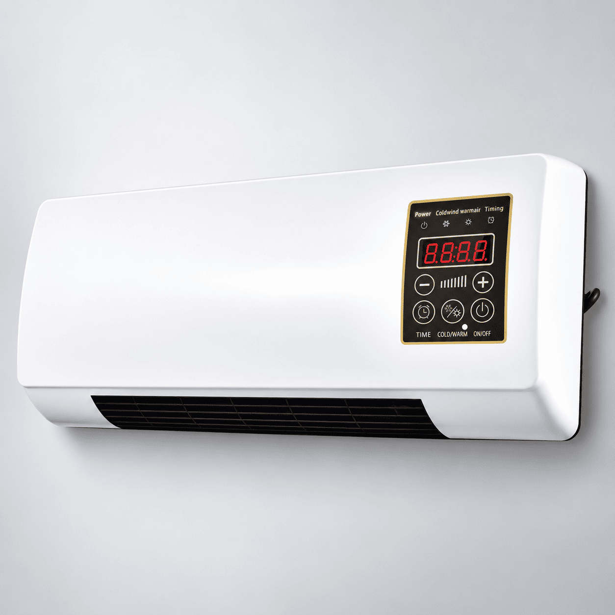 Termoventilador de pared blanco con pantalla LED y botones de control