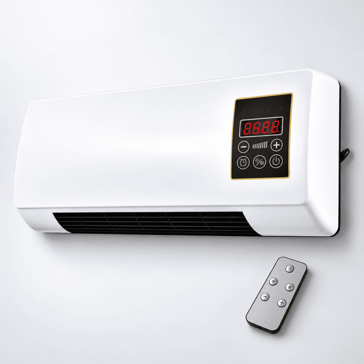 Termoventilador de pared blanco junto a su mando a distancia
