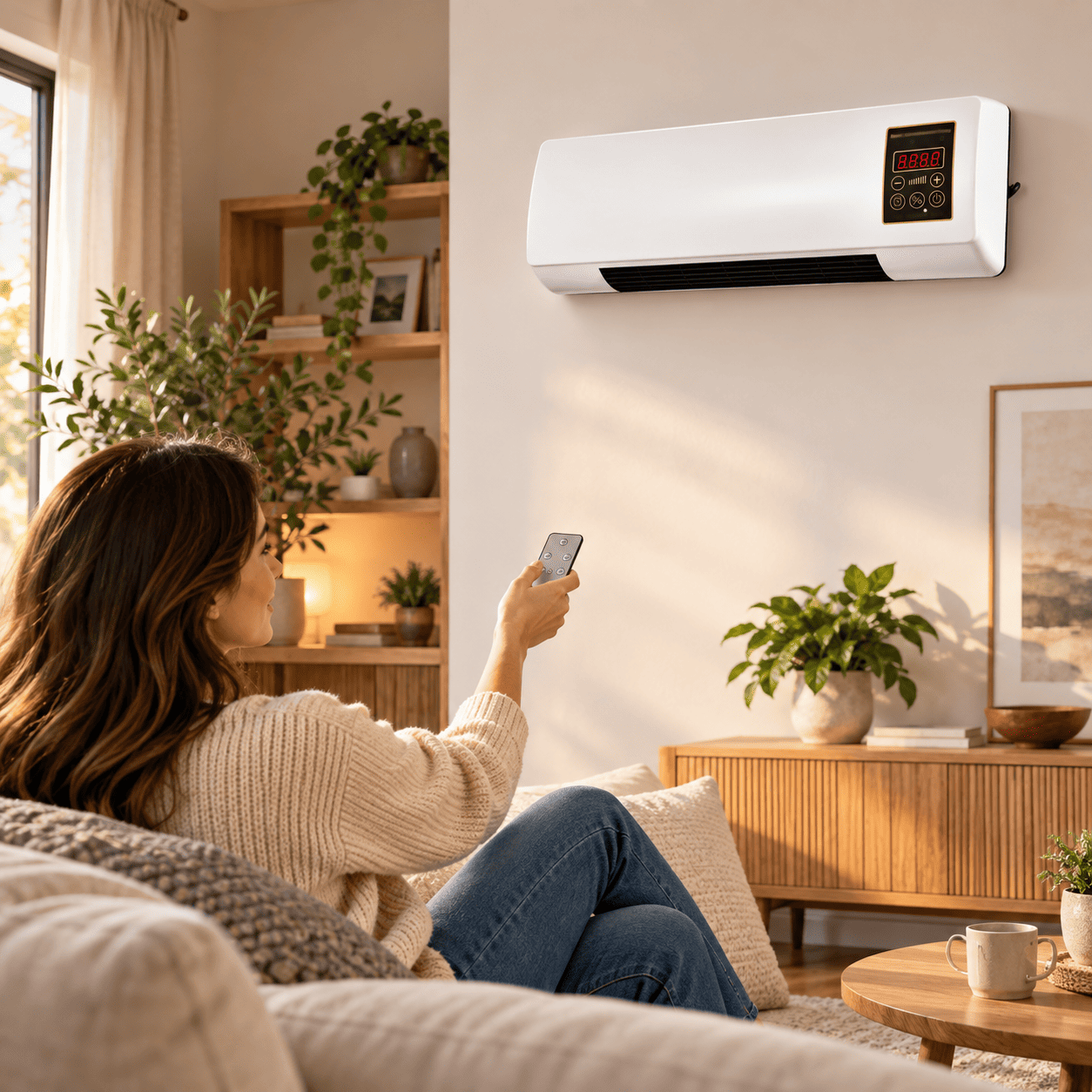 Termoventilador de pared blanco en un salón, manejado con el mando a distancia